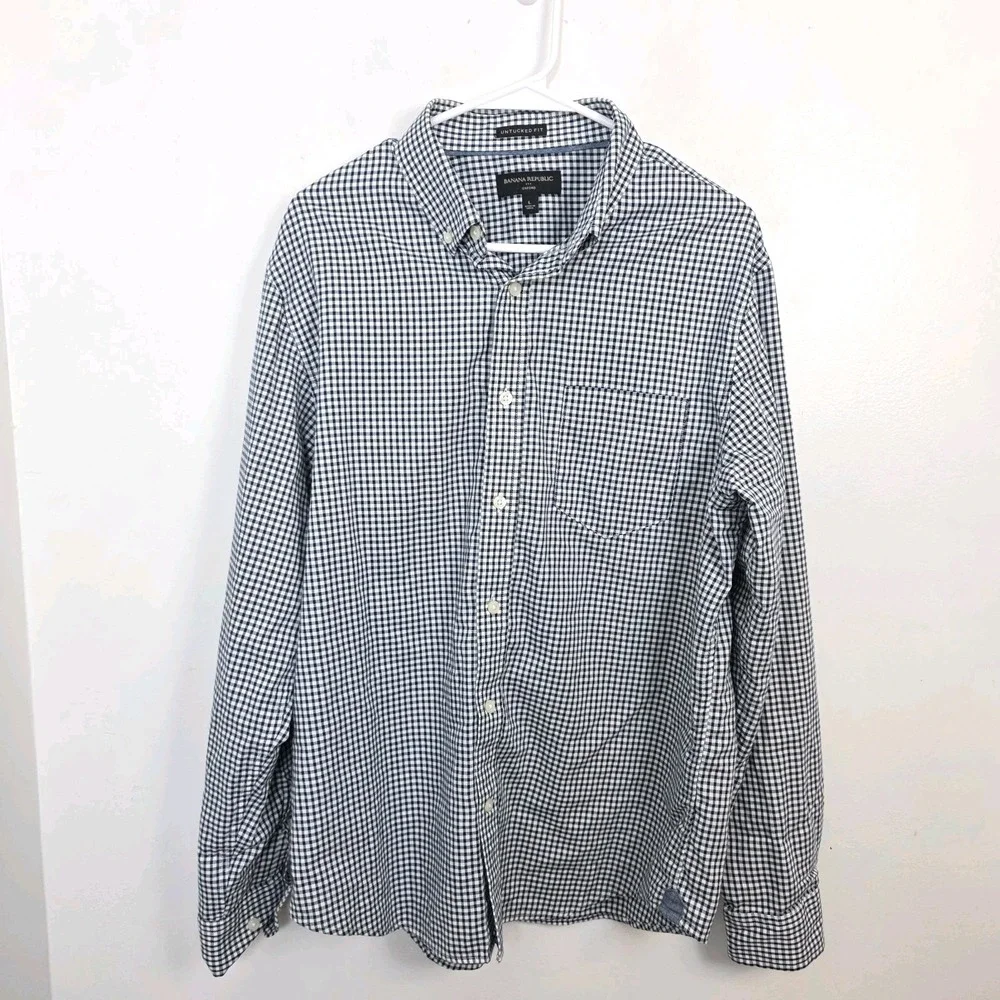 Banana Republic‎ Navy White Gingham Oxford Untucked Fit Button Up Shirt Sz Large